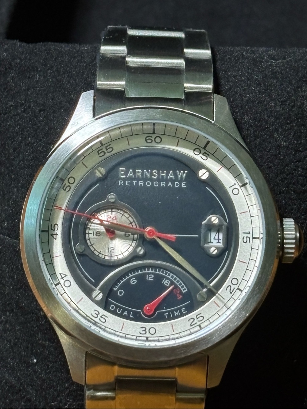 NWT Earnshaw Retrograde Dual Time Stainless Steel Men’s Watch Black Dial |Y2K
